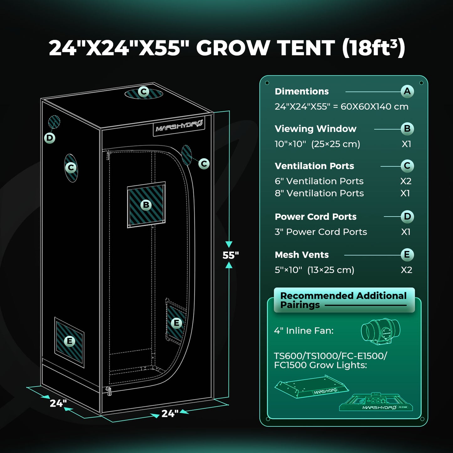 Mars Hydro 60x60x140cm Indoor Grow Tent Green Dark Box Room Hydroponics Mylar Non Toxic Growbox Growzelt