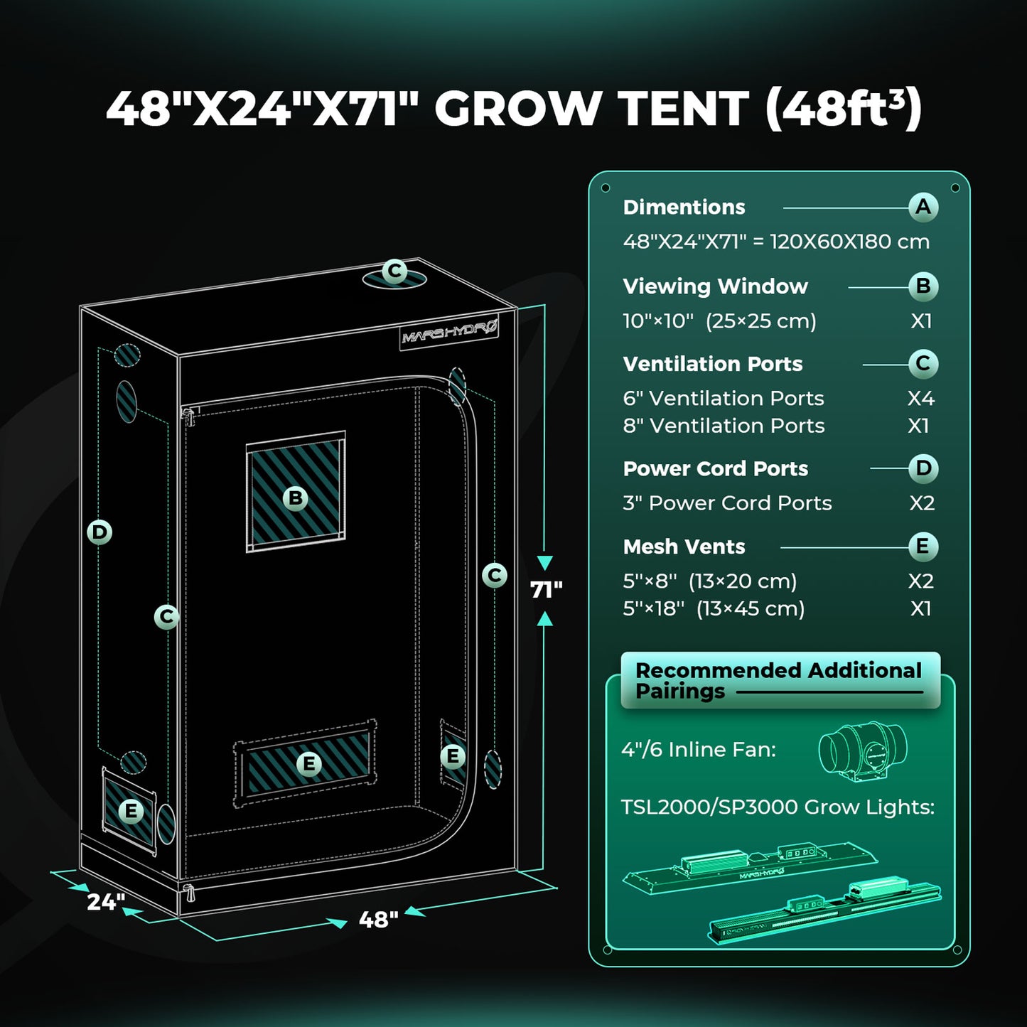 Mars Hydro 120x60x180cm Indoor Grow Tent Kit Dark Room Hydroponic 1680D Mylar Non Toxic Box Growbox