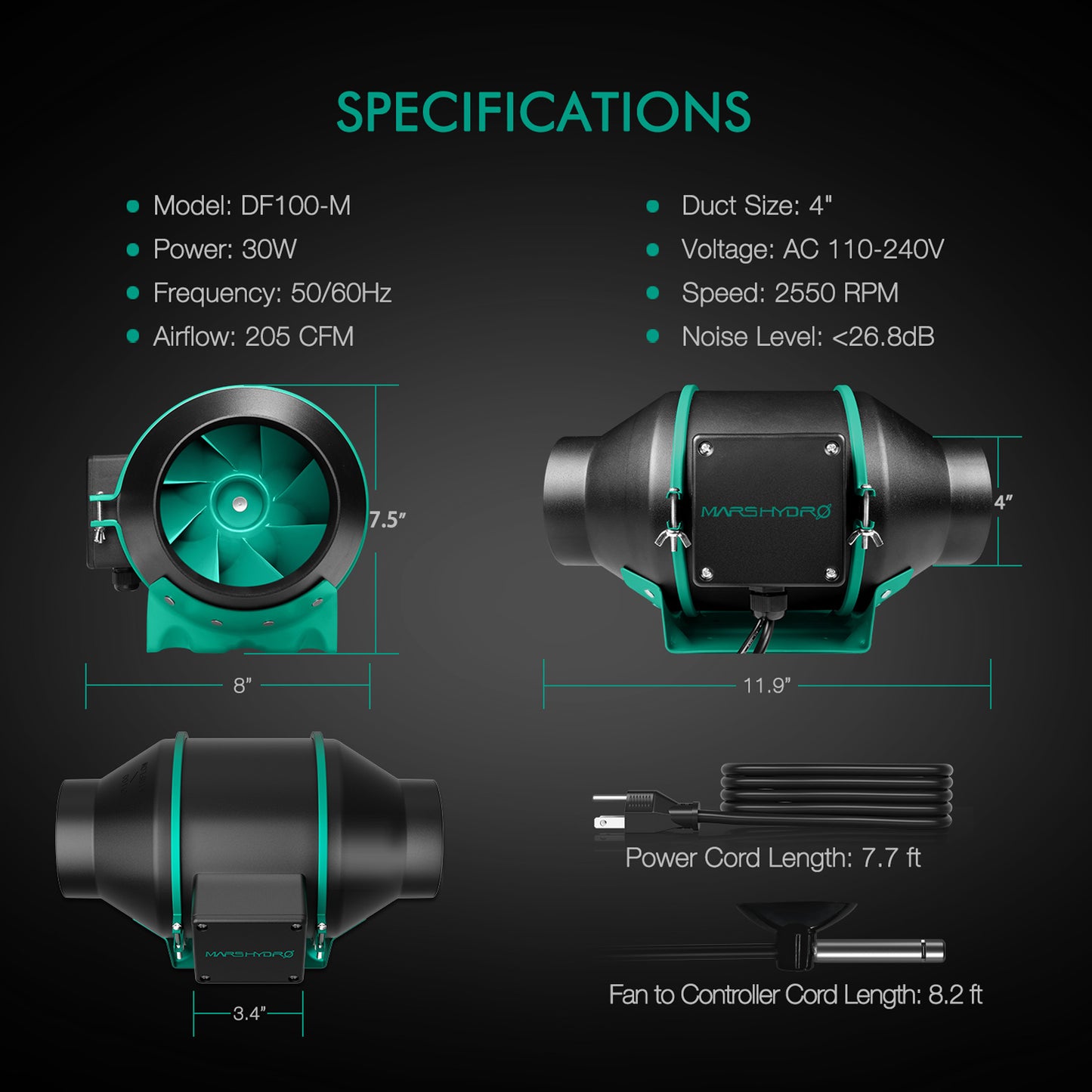 Mars Hydro iFresh 4-Inch Smart Inline Duct Fan and Carbon Filter Combo with Speed Controller