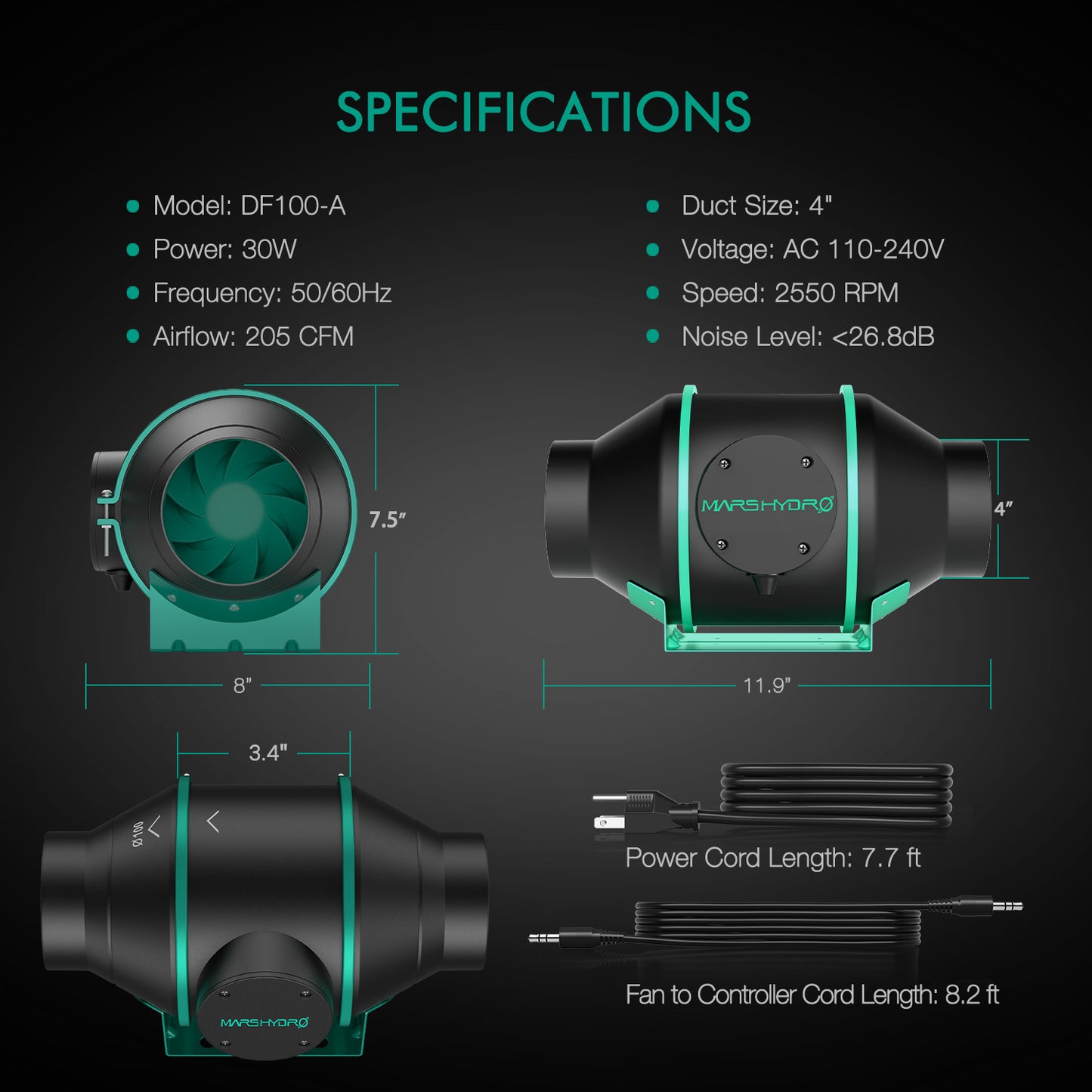 Mars Hydro 4 inch Inline Duct Fan with Speed Controller