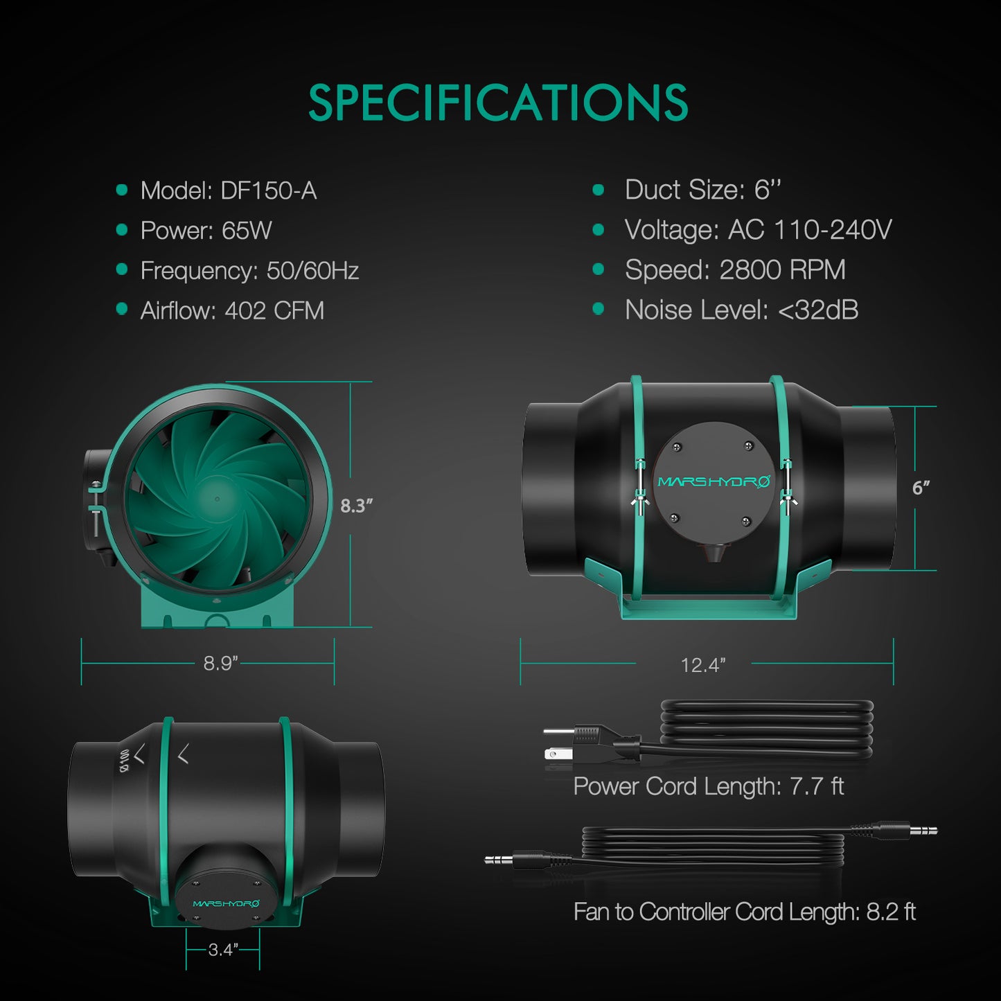 Mars Hydro 6 inch Inline Duct Fan with Thermostat Controller and Carbon Filter Kit