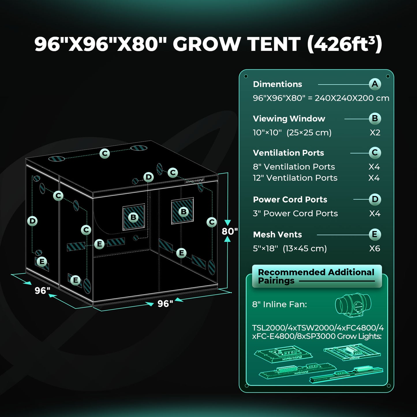 Mars Hydro 240x240x200cm Grow Tent Dark Room Hydroponics 1680D Mylar Non Toxic Box Growbox