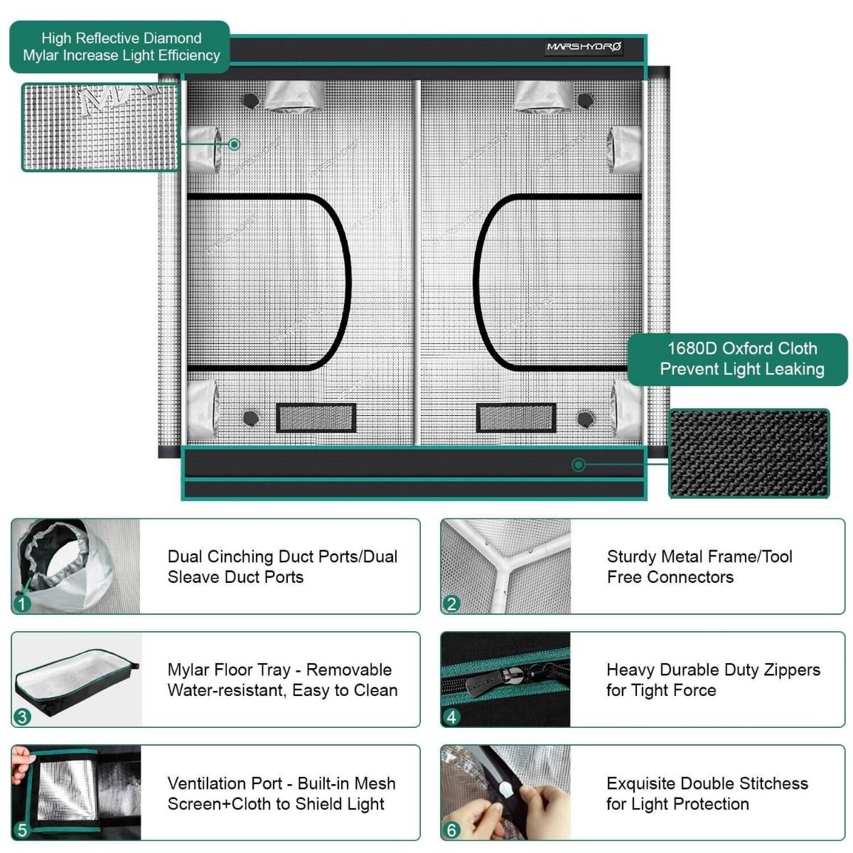 Mars Hydro 240x240x200cm Grow Tent Dark Room Hydroponics 1680D Mylar Non Toxic Box Growbox