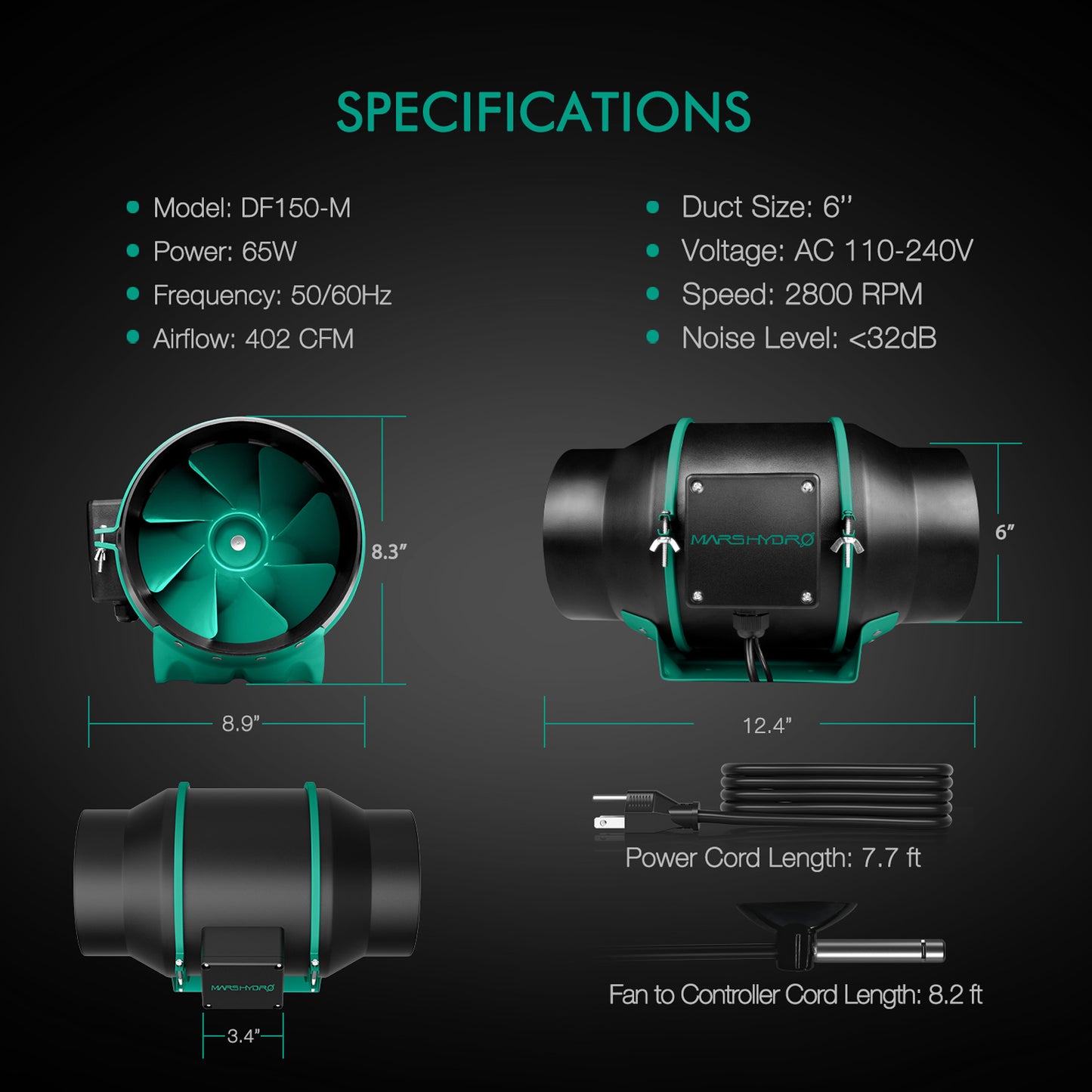 Mars Hydro iFresh 6-Inch Smart Inline Duct Fan and Carbon Filter Combo with Speed Controller