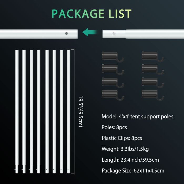 Mars Hydro Grow Tent Side Support Pole Kit - Designed specifically for 120x120cm grow tents.