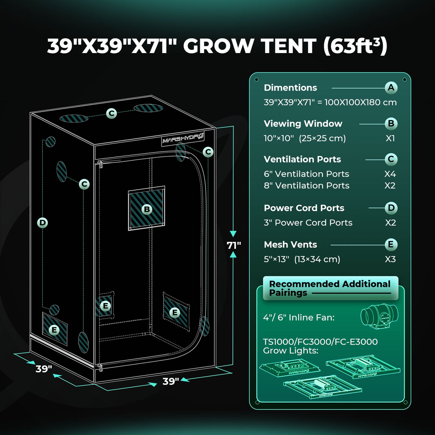 Mars Hydro 100x100x180cm Indoor Grow Tent Green Dark Box Room Hydroponics Mylar Non Toxic Growbox