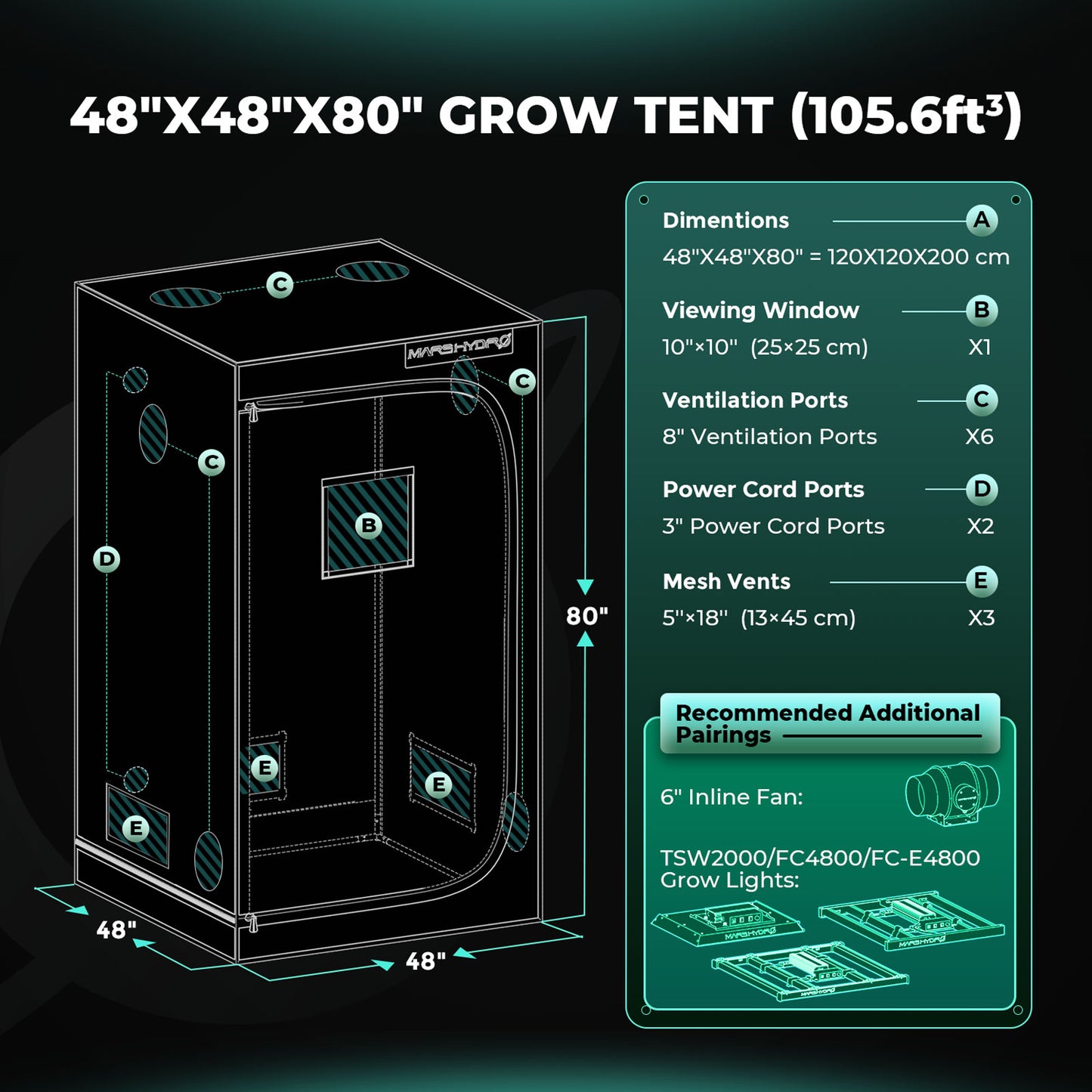 Mars Hydro 120x120x200cm Grow Tent Dark Room Hydroponics 1680D Mylar Non Toxic