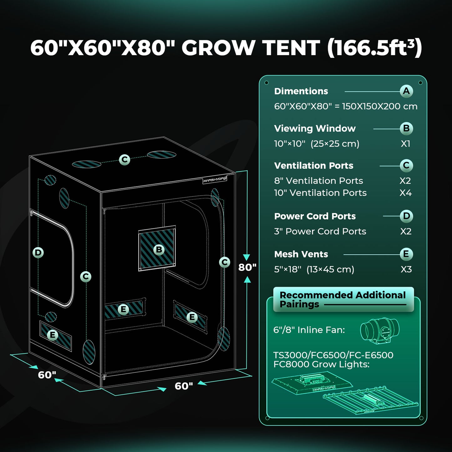 Mars Hydro 1.5×1.5x2m Portable Grow Tent Silver Mylar Hydroponic Dark Green Room Growbox