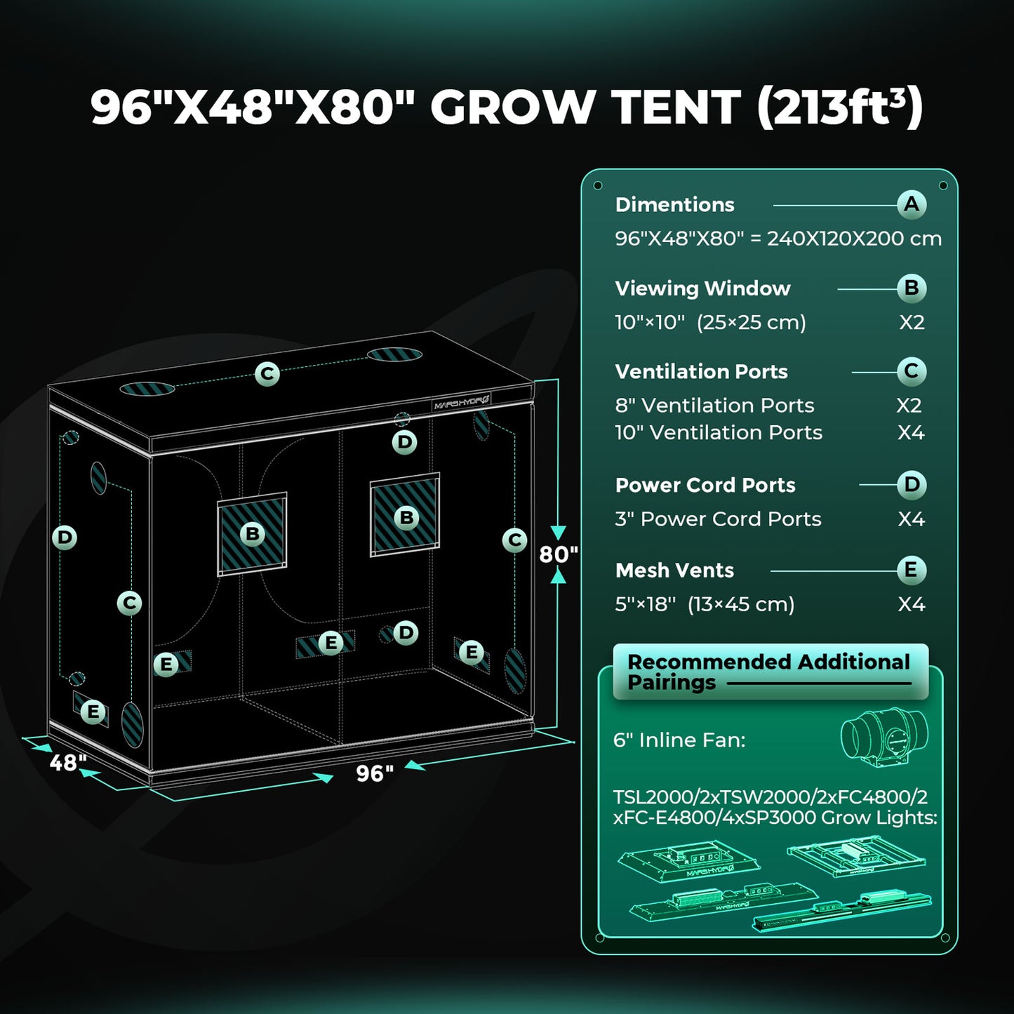 Mars Hydro 240x120x200cm Indoor Grow Tent Kit Dark Room Hydroponic 1680D Mylar Non Toxic Box Growbox